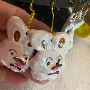 White easter bunny dangling clay earrings. Handpainted and crafted.